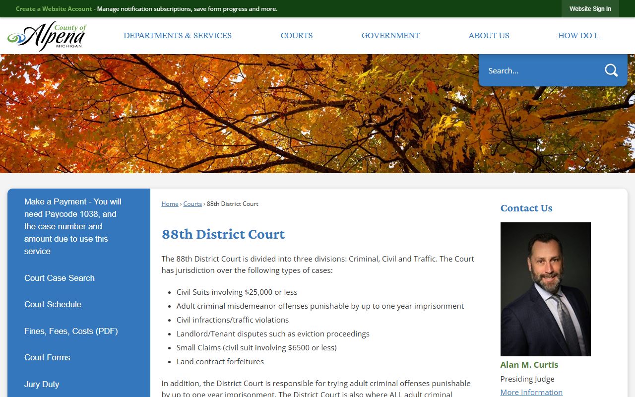 Alpena County 88th District Court page with bench warrant case information