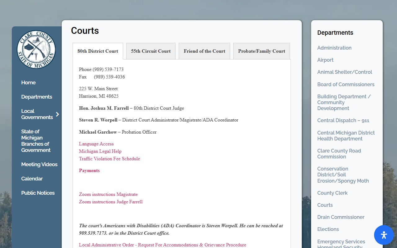 Clare County courts page for bench warrant information