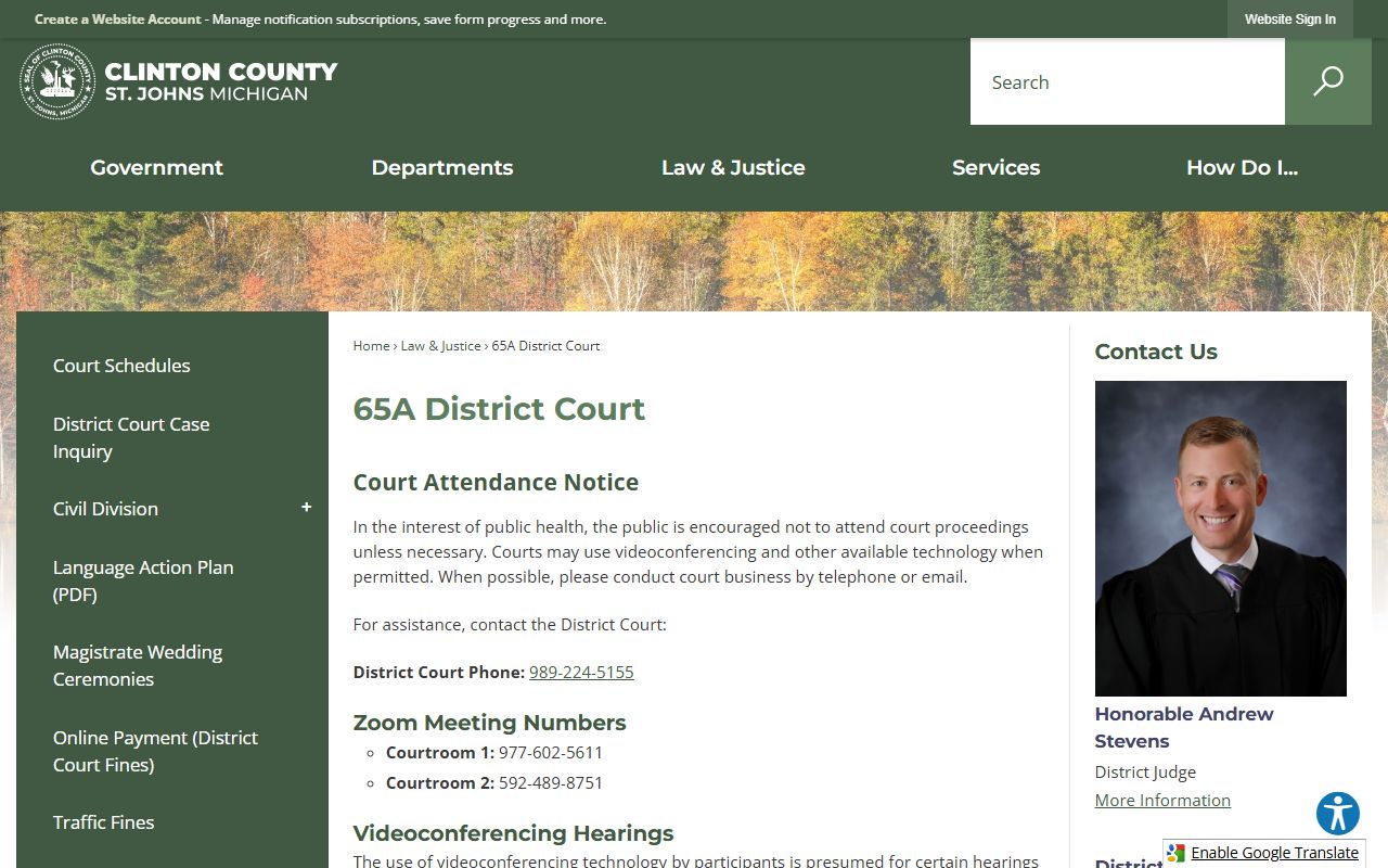 Clinton County 65A District Court page for bench warrant searches