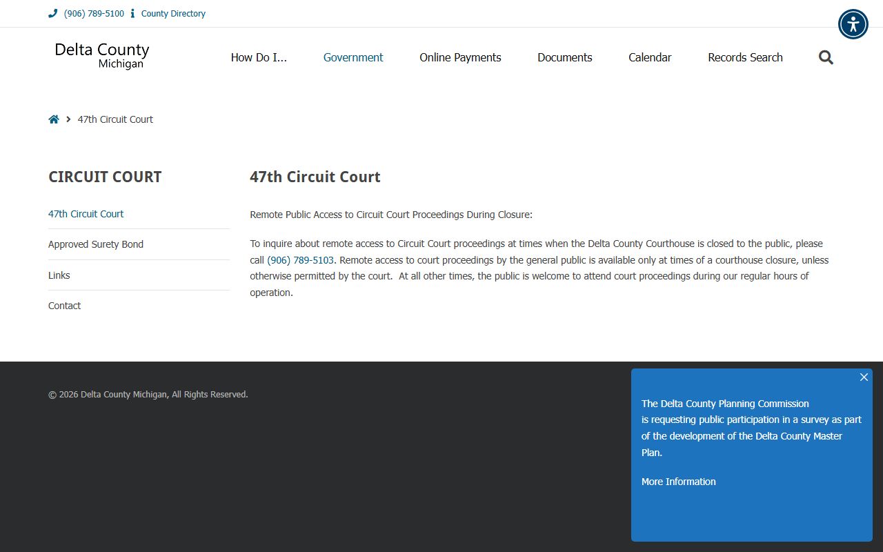 Delta County 47th Circuit Court page for bench warrant records