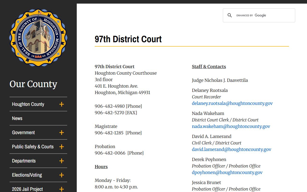 Houghton County 97th District Court for bench warrant records