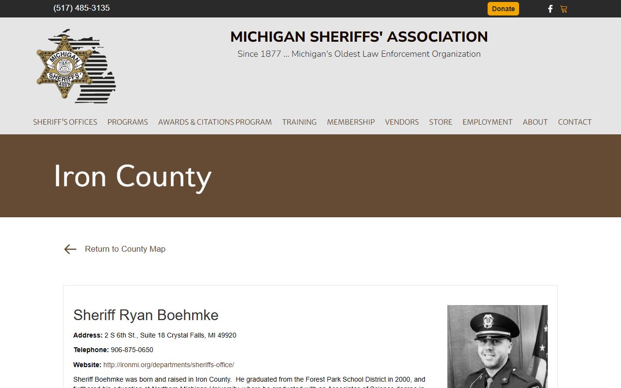 Iron County Sheriff profile on Michigan Sheriffs Association website