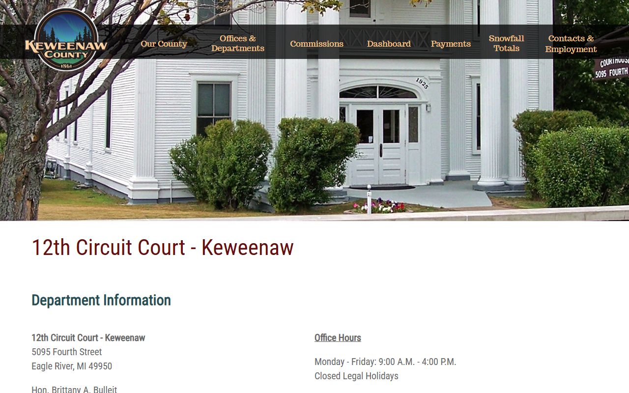 Keweenaw County 12th Circuit Court page with bench warrant information