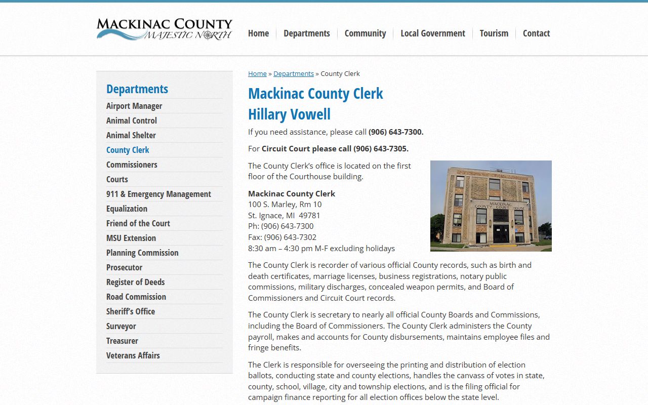Mackinac County Clerk office for bench warrant records