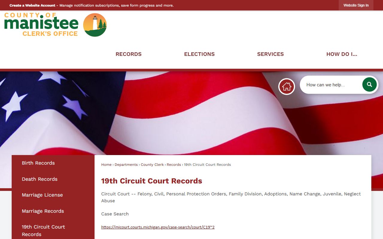 19th Circuit Court records page for Manistee County bench warrants