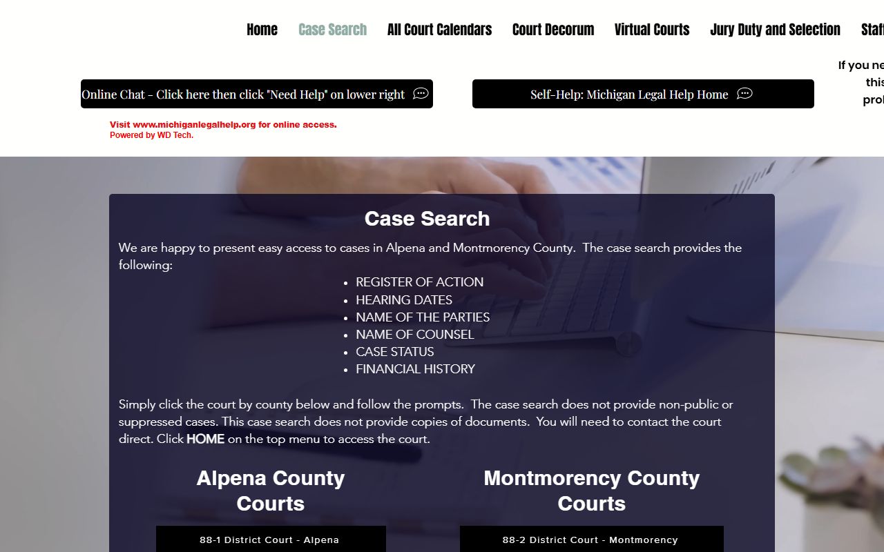 Case search tool for Montmorency County bench warrants