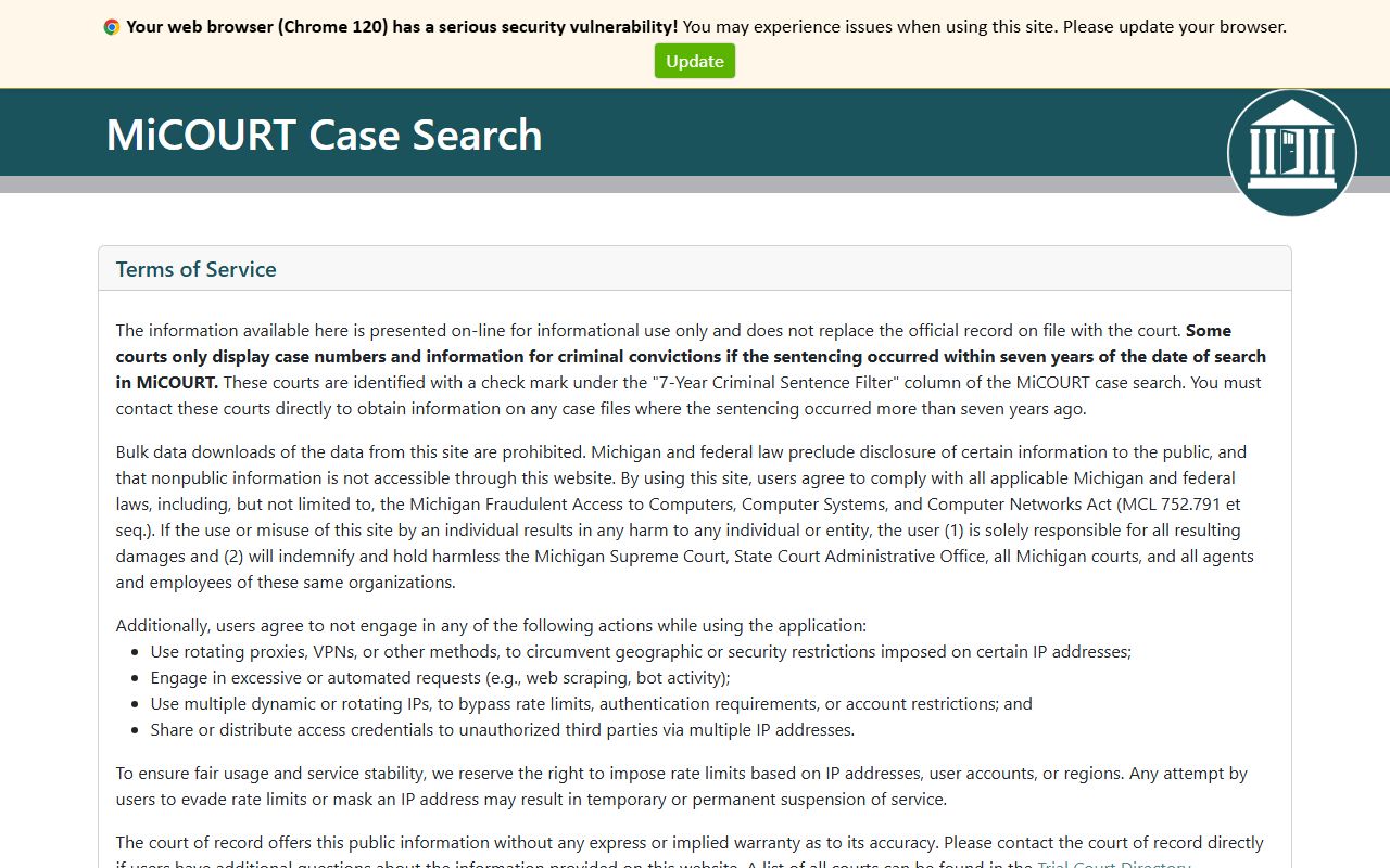 MiCOURT case search portal for Schoolcraft County bench warrants